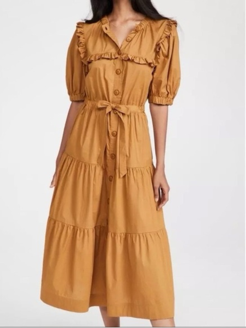 Sea New York Rumi Short Sleeve Cotton Tiered Midi Dress Bronze Brown Large